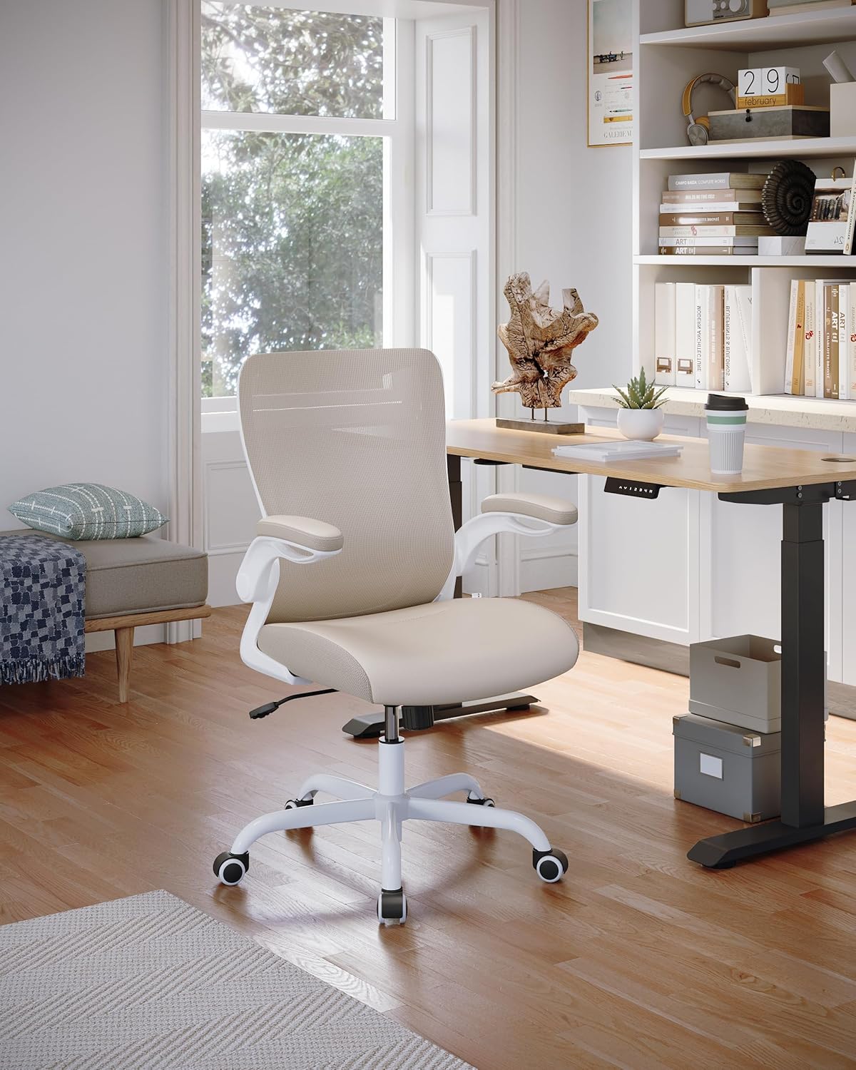 Office Chair, PU Leather Ergonomic Desk Chair with Adjustable Lumbar Support and Flip up Armrest, Breathable Mesh Computer Chair for Home Office, Khaki