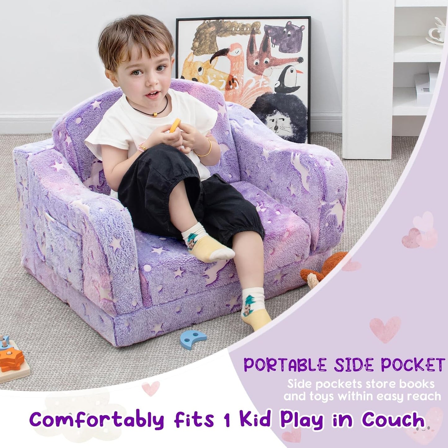Comfy Toddler Couch and Chair for Kids with Blanket, 2-in-1 Soft Plush Fold Out Kids Sofa Chairs for Girls and Boys, Convertible Sofa to Lounger for Playroom