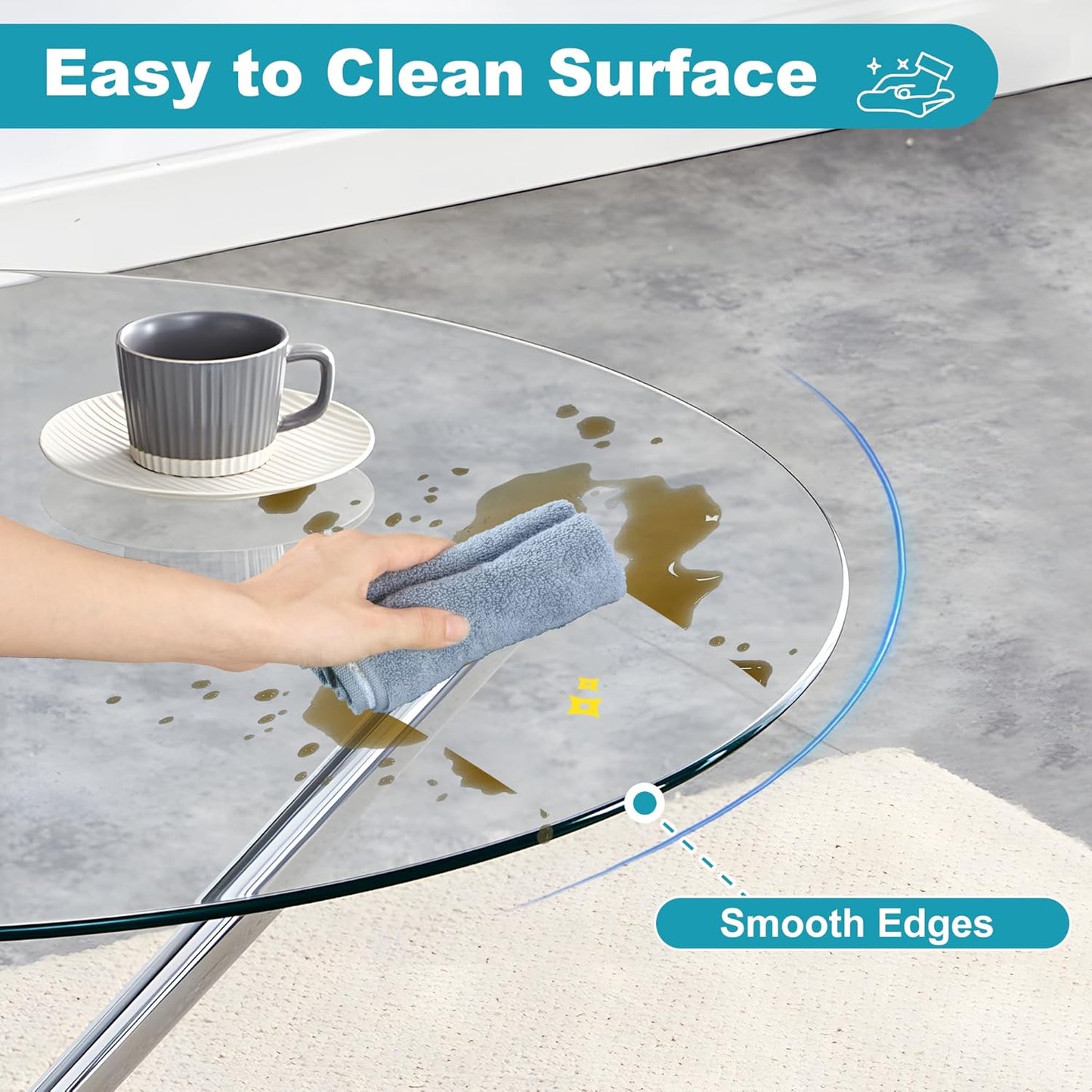 Kitchen Table for 2 Modern 36.6" Round Glass Table Small Tables with Trestle Metal Leg for Living Room and Apartment, Silver