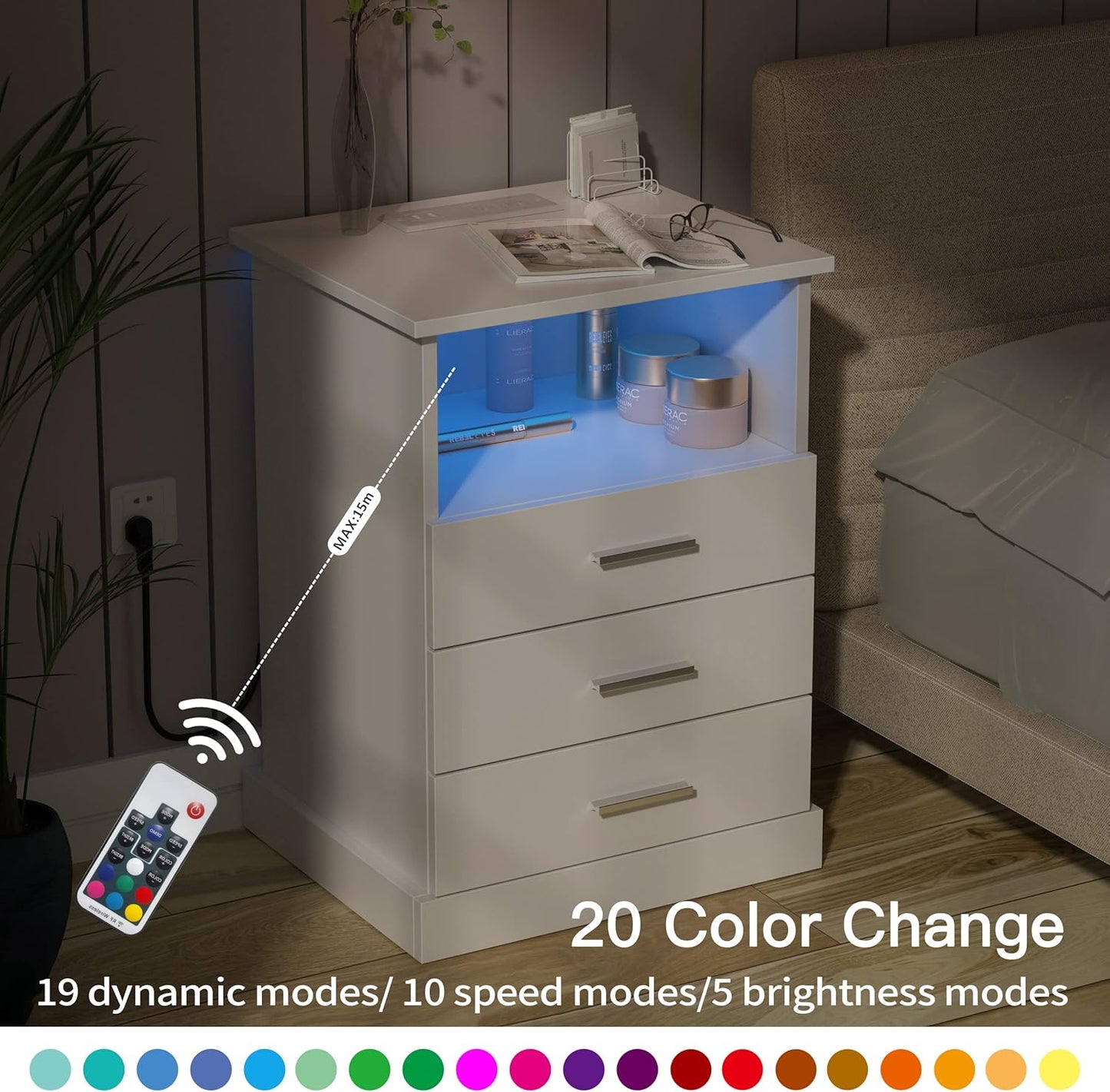 Nightstand with Charging Station, LED Lights Side Table with 3 Drawers, End Table for Bedroom Office White