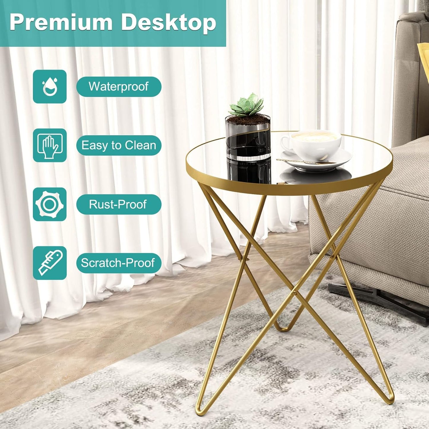 HLR Modern Round Side Table, End Table with Marble Effect Top and Gold Metal Frame, Small Side Table for Living Room, Bedroom, Sofa and Couch, Gold Legs, Mirror top