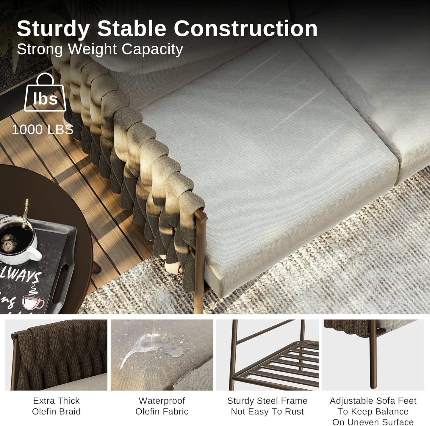 EAST OAK Life Chatter Patio Furniture Set, Outdoor Furniture Sectional Sofa Set with Round Coffee Table, 4 Seats Sofa Deep Seating with Thick & Washable Cushions, Chestnut Brown & Creamy Apricot