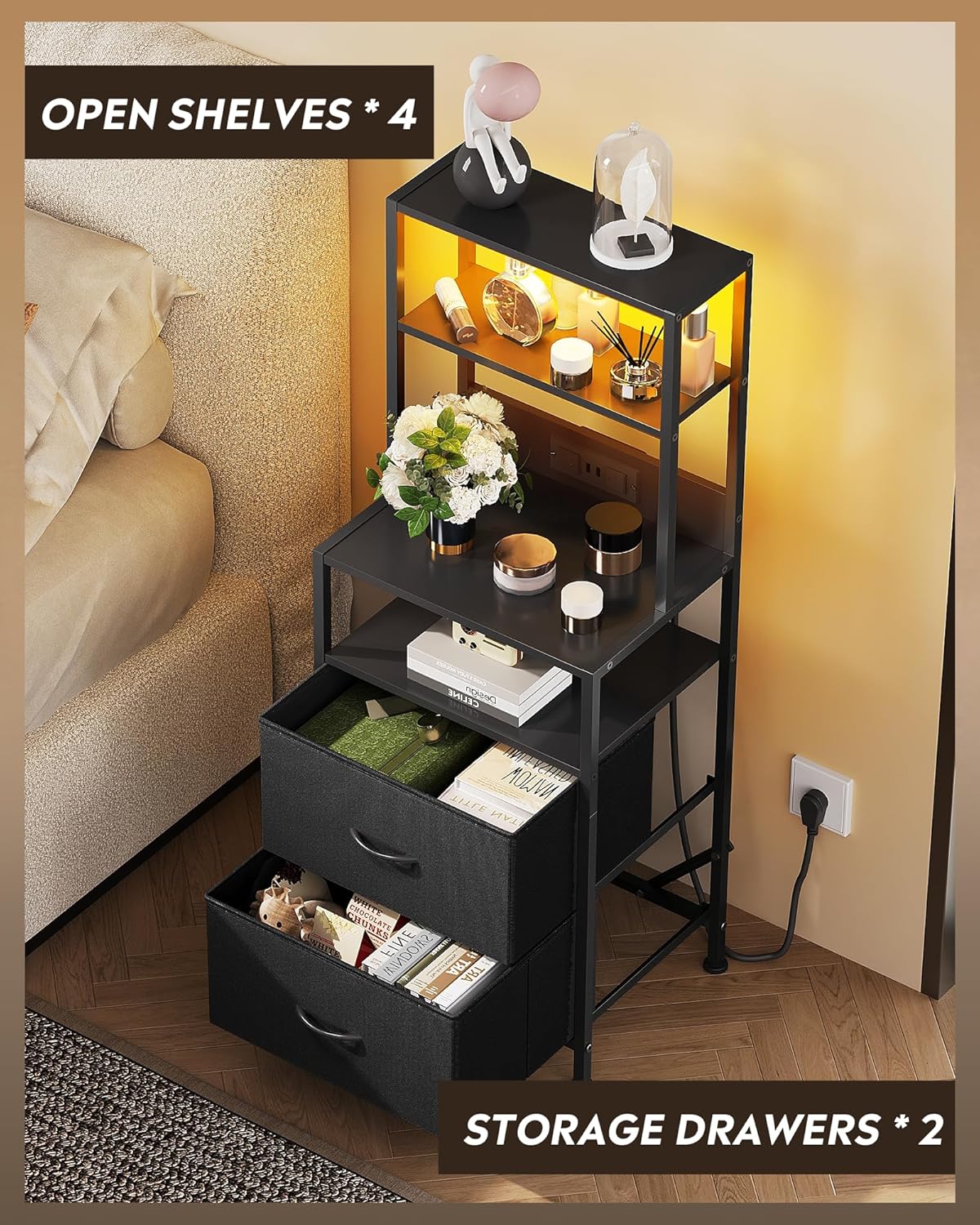 WLIVE Nightstand with Charging Station, LED Night Stand with 2 Drawers and 4 Storage Open Shelves, Fabric Dresser for Bedroom, Black