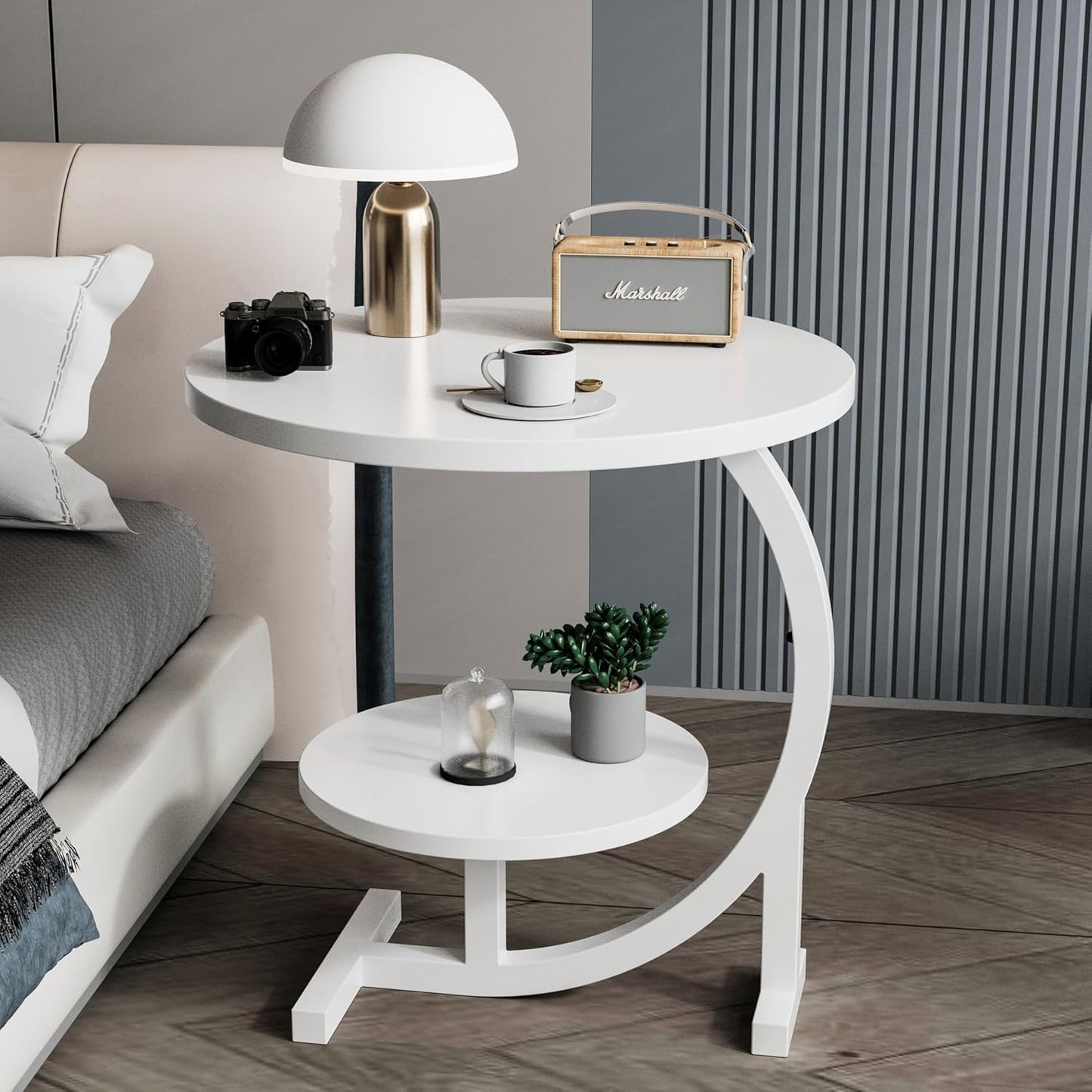 C-Shaped End Table,2 Tiers Round Side Table,Sofa Small Side Table for Living Room, Bedroom,Bedside Small Space,White