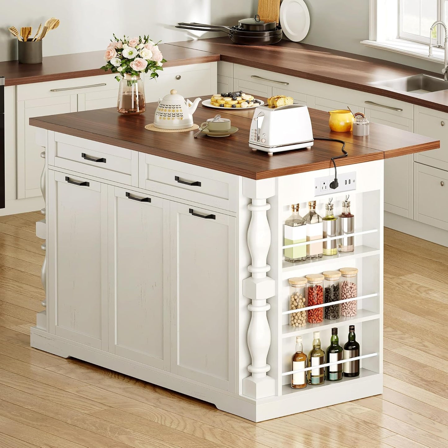 YITAHOME Americana Kitchen Island with Drop Leaf & Power Outlet, 47.6 inch Mobile Butcher Block Island Cart, Pull-Out Trash Can Storage, 3-Tier Spice Rack, White and Walnut