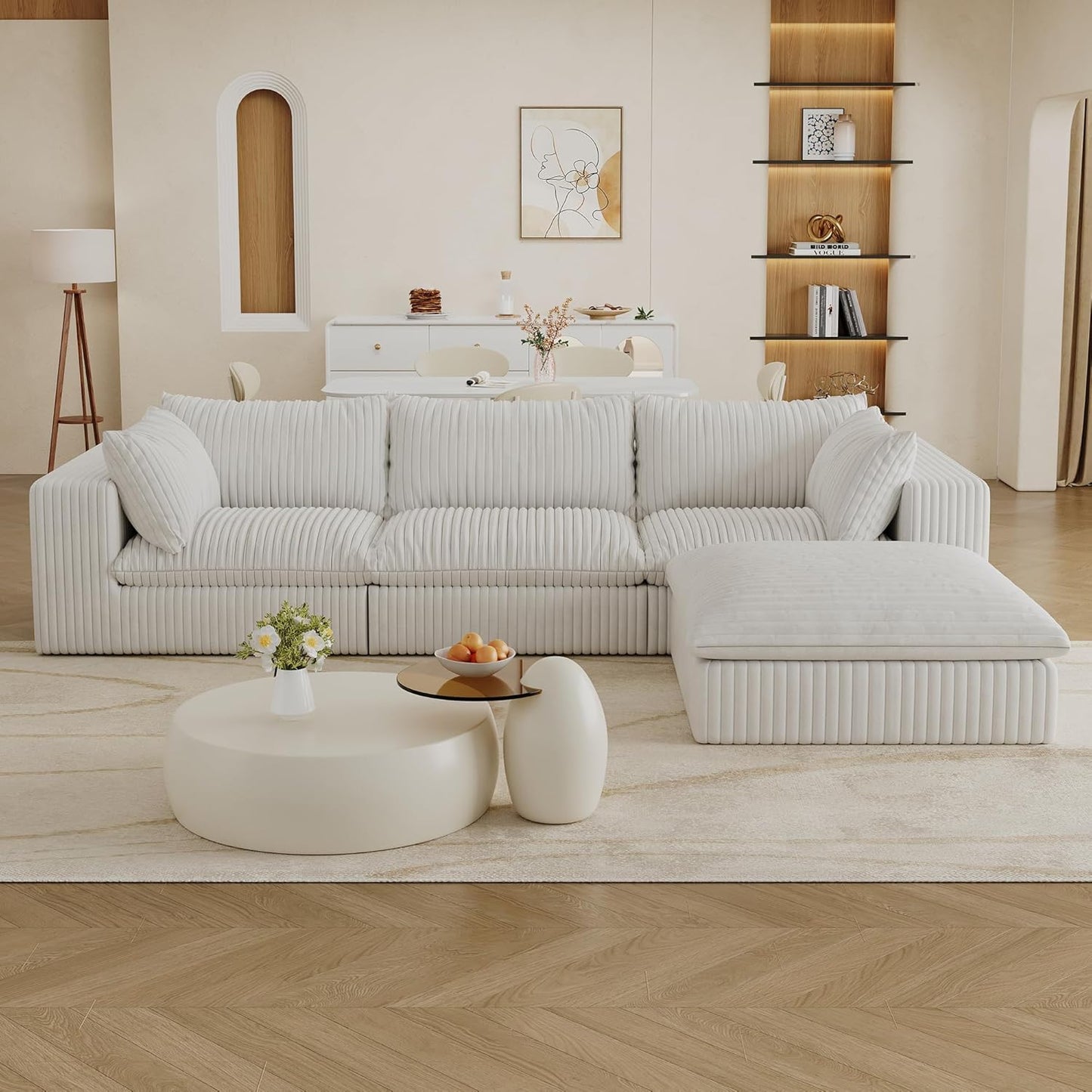 118.2" L Shaped Modular Sectional Cloud Couch with Ottoman, Plush Corduroy Upholstered Compression Sofa, 4-Seat Deep Seat Boneless Sofa Couches with Throw Pillow