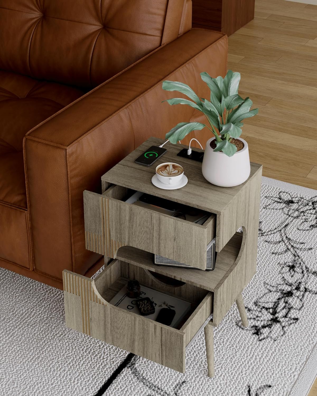 Nightstand with Charging Station and LED Lights,Modern Bedside Table with 2 Storage Drawer,Night Stand with Solid Wood Legs,White (Grey Osk)