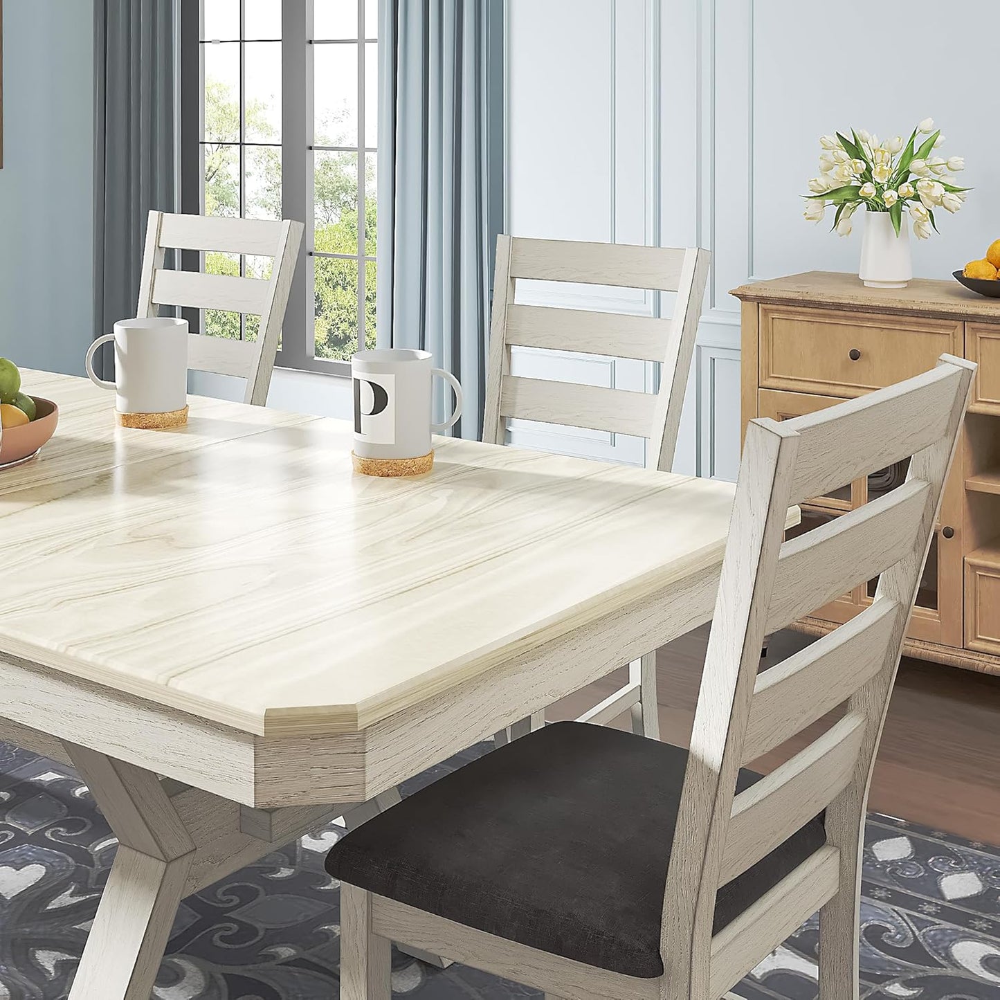 6-Piece Solid Wood Dining Table Set for 6, Modern Breakfast Dinette Kitchen Table with Bench & Chairs for Dining Room, Kitchen, Grey