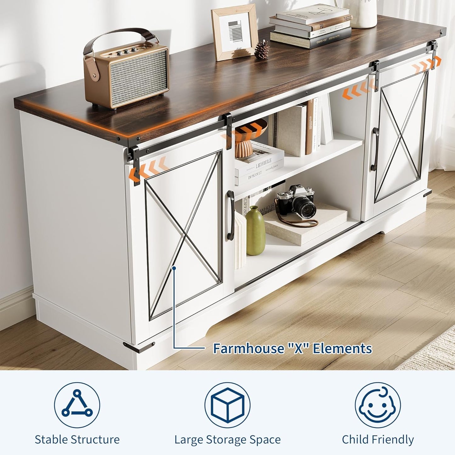 CABIHOME Farmhouse TV Stand and Entertainment Center for TV Up to 65 Inches with Sliding Barn Doors, TV Media Storage Console Table and Furniture for Living Room, Bedroom, White & Brown