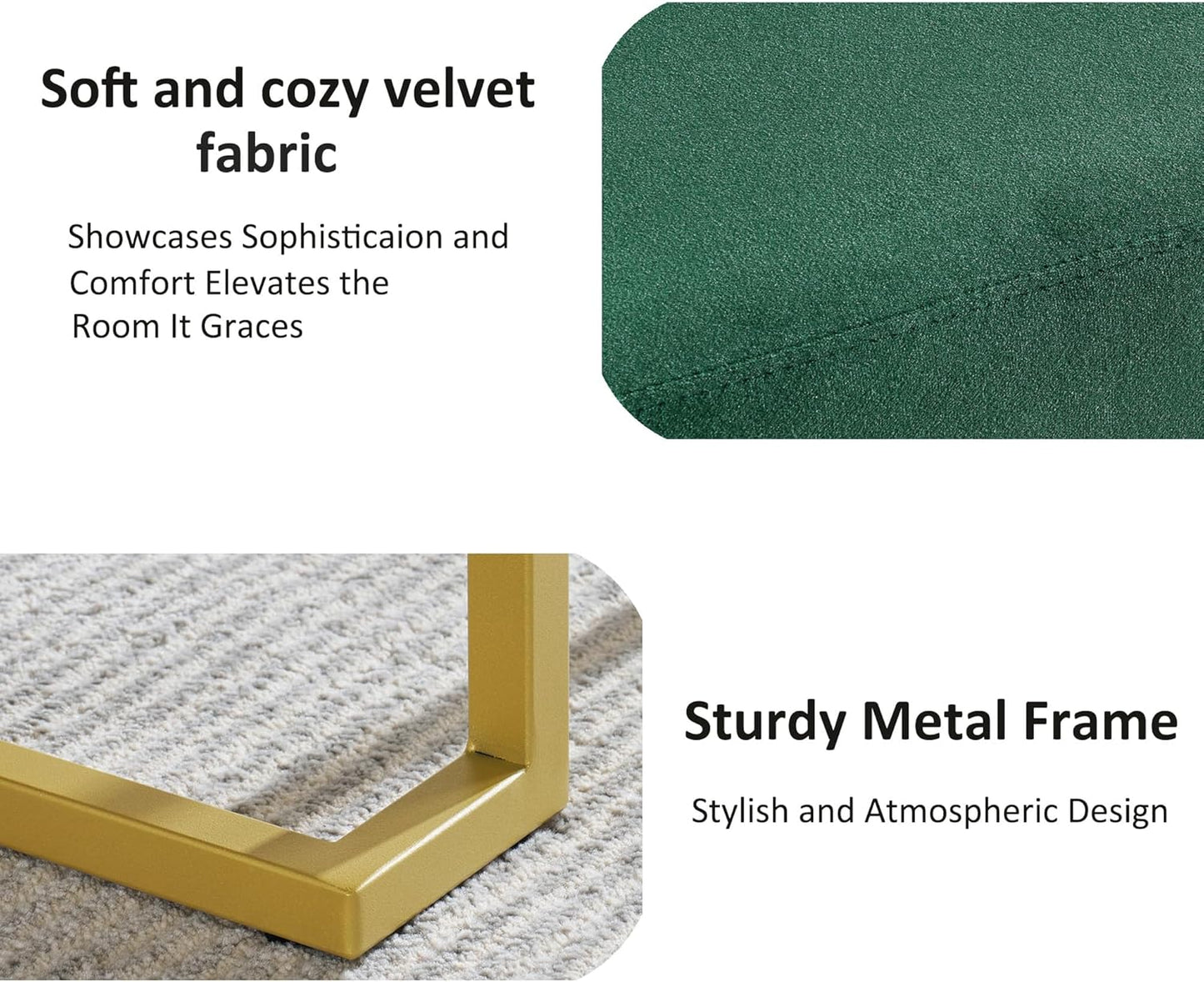 Modern Style Bedroom Single Seat Bench, Cushioned Bed end Stool, Living Room Sofa Stool, Footstool with Golden Iron Legs, Suitable for Bedroom and Living Room (Dark Green, 21.65"x15.74"X16.53")