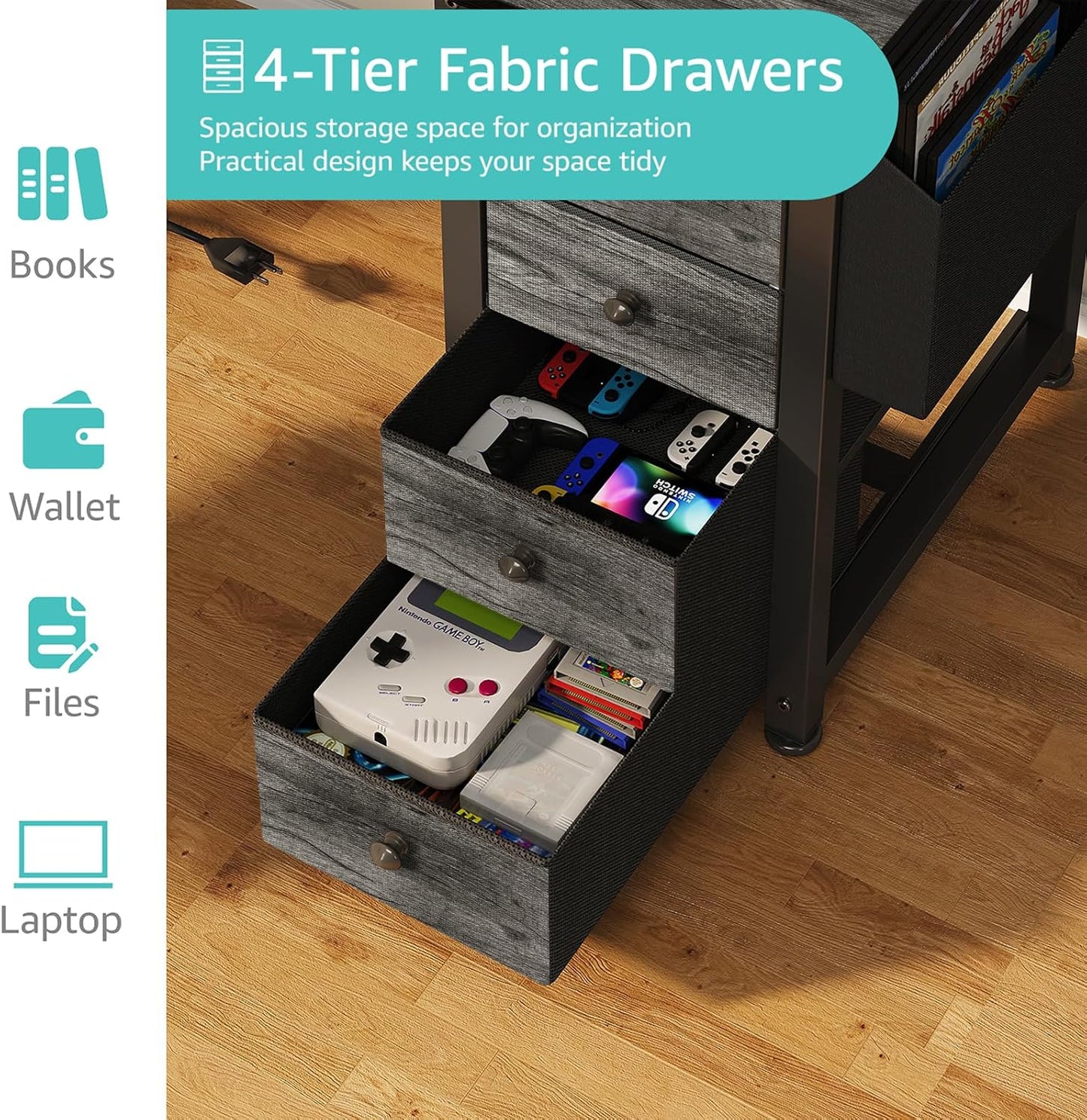 Lufeiya L Shaped Gaming Desk with Drawers & Storage Shelves, 55 Inch Corner Computer Desk with Power Outlet for Home Office Bedroom, L-Shaped Teen PC Desks with Fabric Drawer, Gray