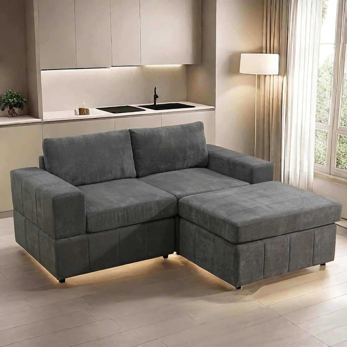 Loveseat Sofa with Ottoman, 74″ Modern Sectional Couches with Deep Seat, Small L Shaped Couch with Chaise for Living Room Bedroom, Brown