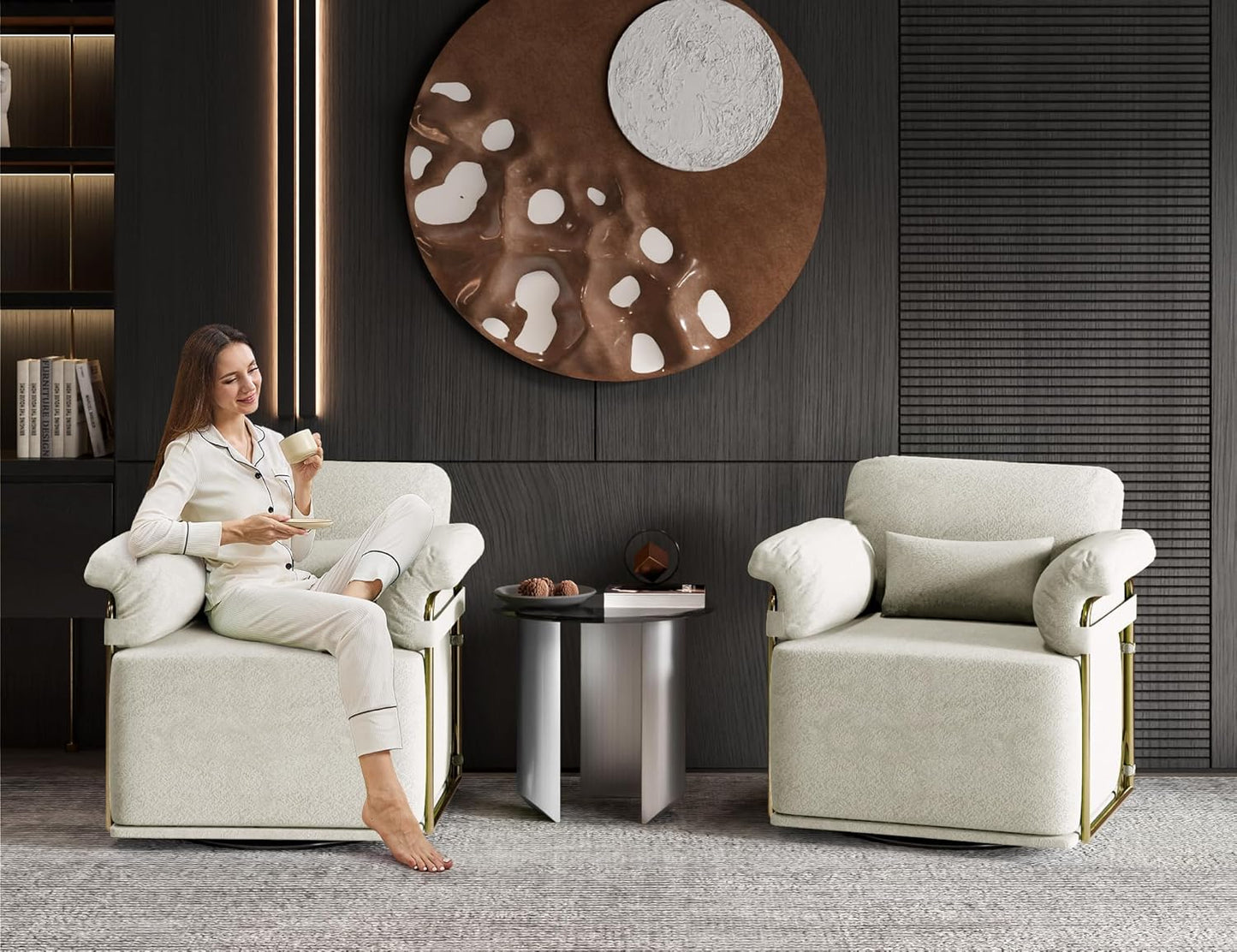 KEIKI Modern Comfy Swivel Accent Reading Chair with Waist Pillows, 360°Square Upholstered Barrel Armchair Single Club Lounge Sofa Chairs for Living Room,Bedroom,Office,Beige