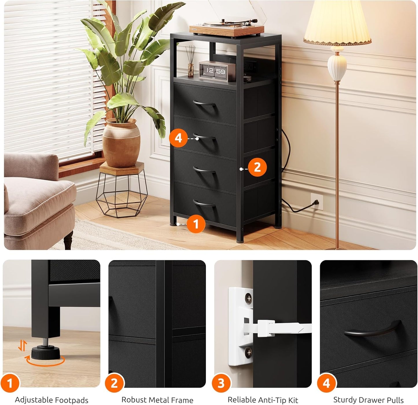 NightStand Bedside Charging Table Bedroom - Black Night Stand with Charger Station, Modern Bed Side End Table with Open Shelf & 4 Fabric Drawers, USB-C USB Ports & AC Outlets for Dorm Living Room