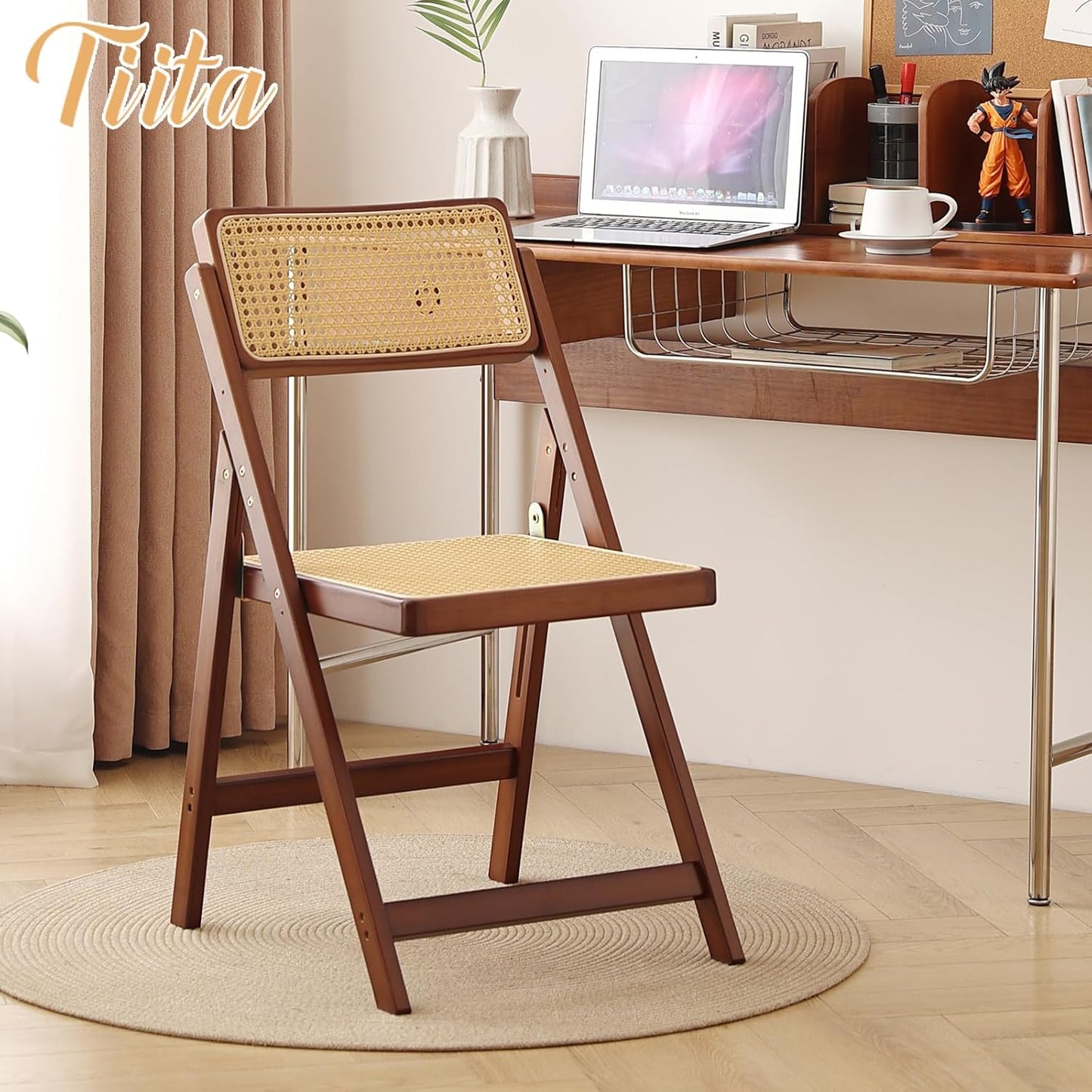 Tiita Rattan Dining Chairs Set of 1, Mid Century Modern Folding Chair, Bamboo Folding Dining Chairs for Small Space, Dining Room, Living Room, Bedroom, Walnut