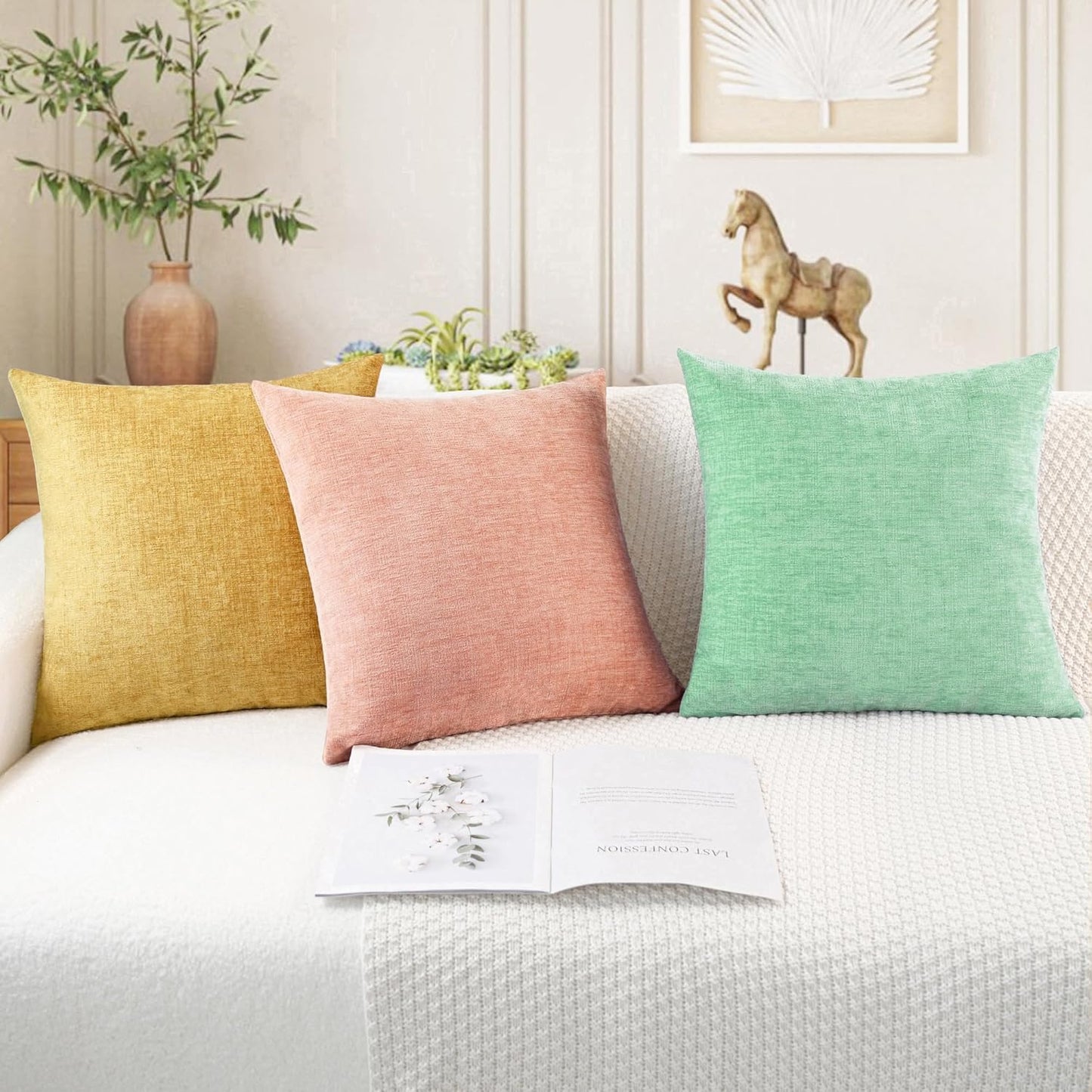 CaliTime Throw Pillow Covers Decorative 12 X 20 Inches Pack of 2 Cozy Chenille Cushion Cases for Couch Sofa Bed Living Room Home Grey Green