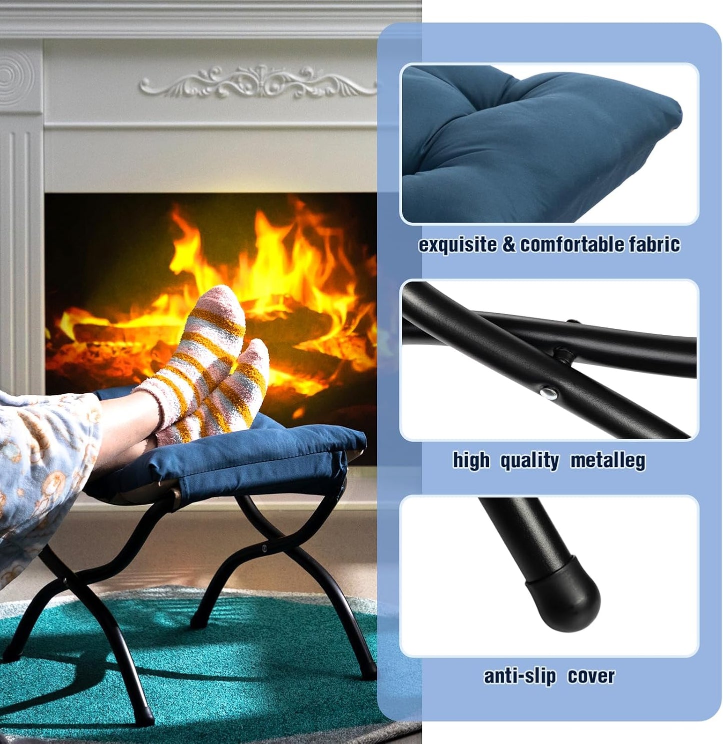 HollyHOME 15"(H) Folding Footrest Stool, Upholstered Small Foldable Ottoman, Accent Padded Sofa Foot Stool for Lazy Chair, Metal Frame Portable Foot Rest Ottoman for Living Room, Bedroom, Royal Blue