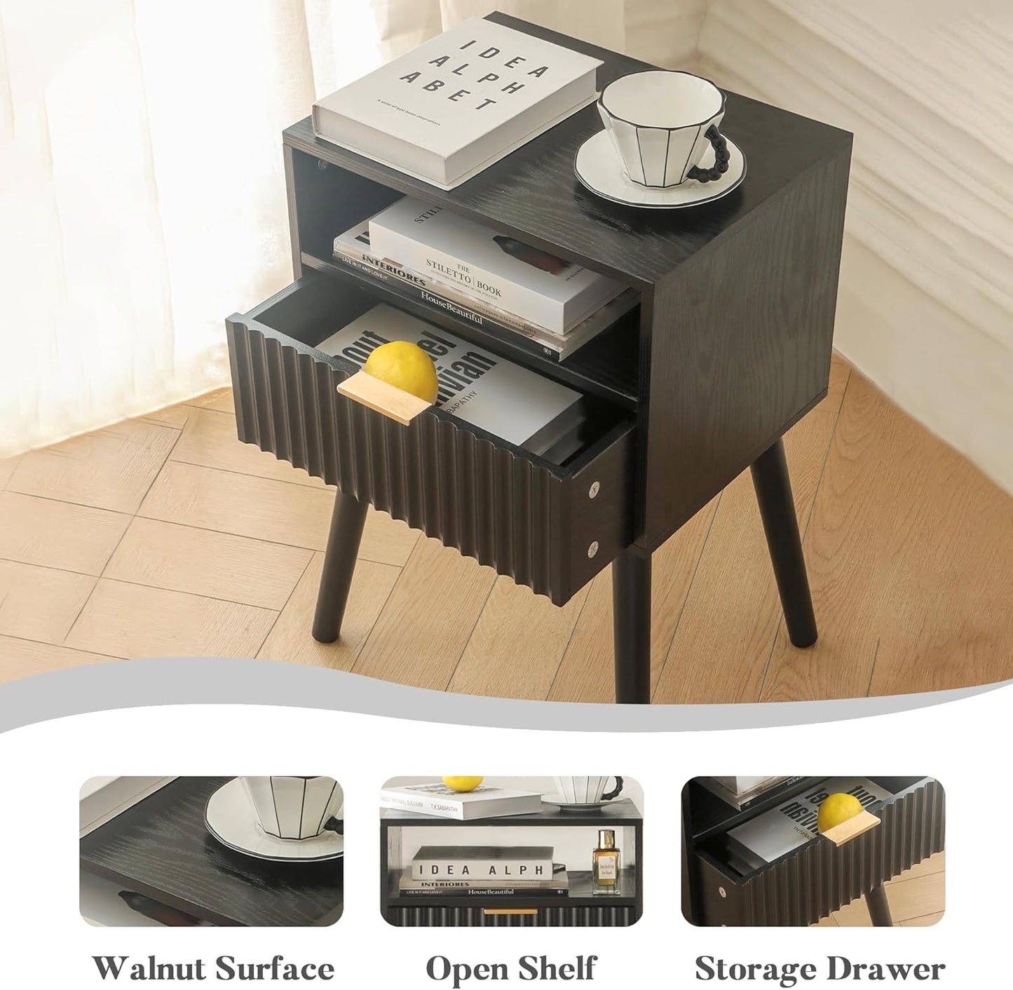 Black Nightstand, Modern Bedside Table with Fluted Drawers, Small Night Stand with Storage and Solid Wood Legs for Bedroom, Dorm and Small Space (Black)