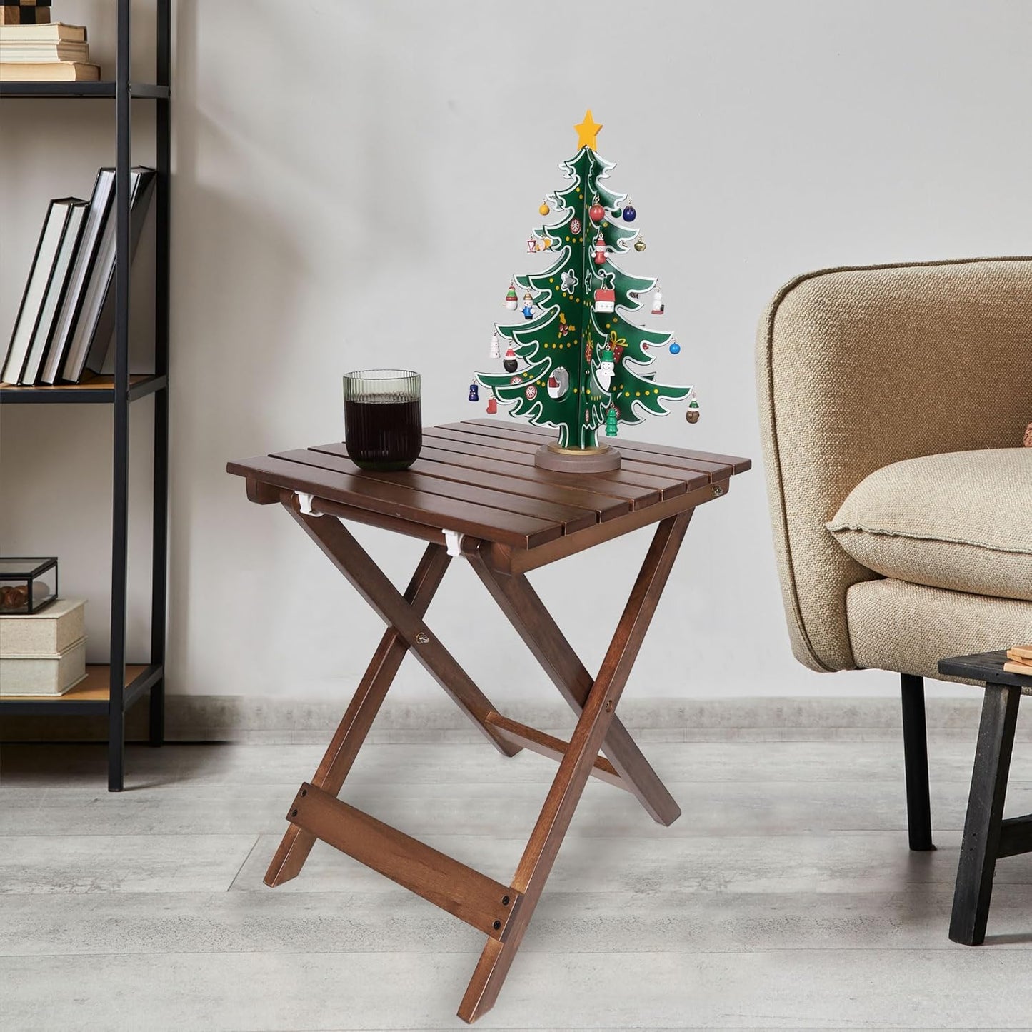 Outdoor Patio Side Table Small Wood End Square Table Folding Coffee Furniture for Living Room, Bedroom, Plant Stand, Camping Portable Brown