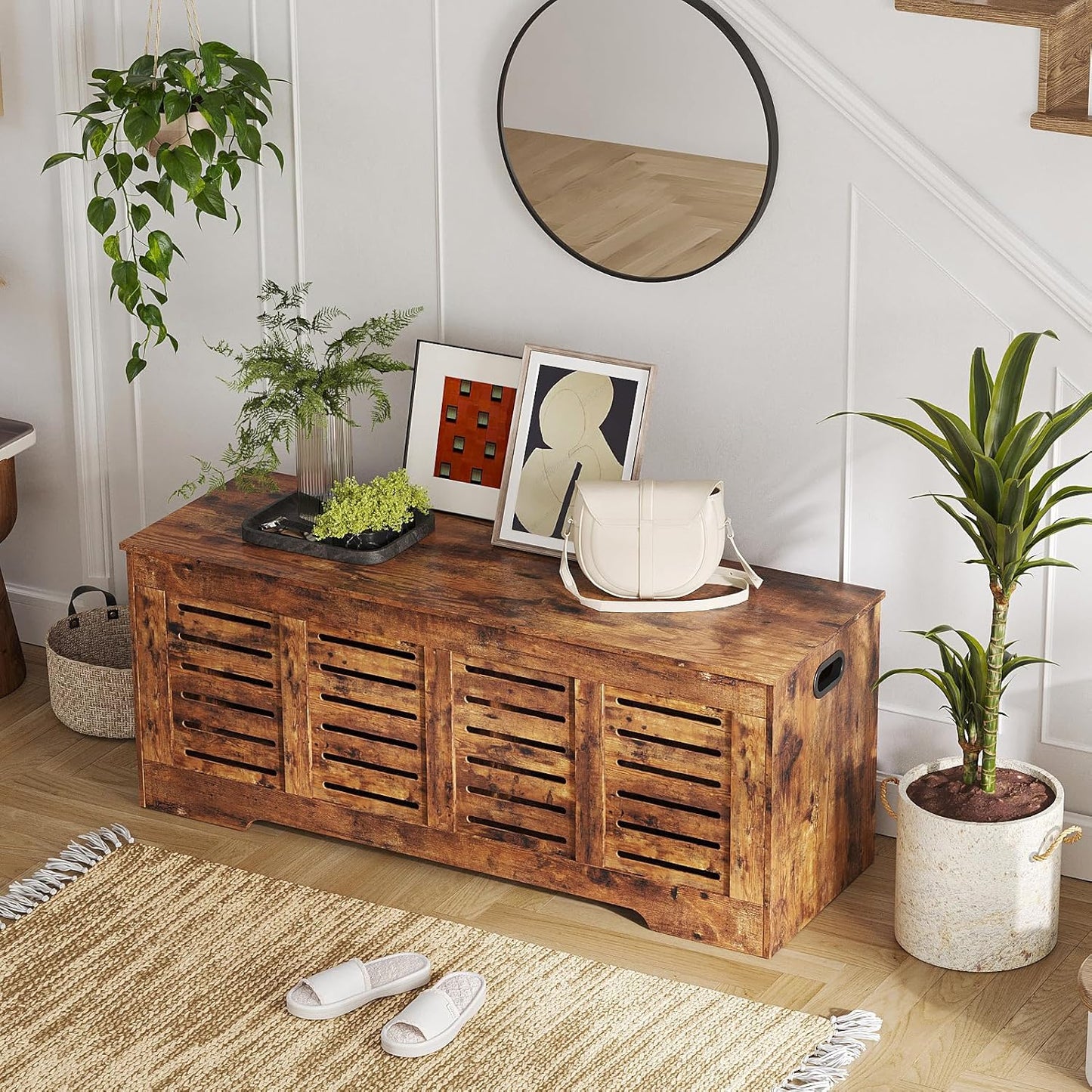 DINZI LVJ Storage Chest, 47.3” Wooden Toy Box with 2 Safety Hinges, Retro Entryway Shoe Storage Bench with Flip-Top, Sturdy Large Storage Trunk for Living Room, Bedroom, Easy Assembly, Rustic Brown