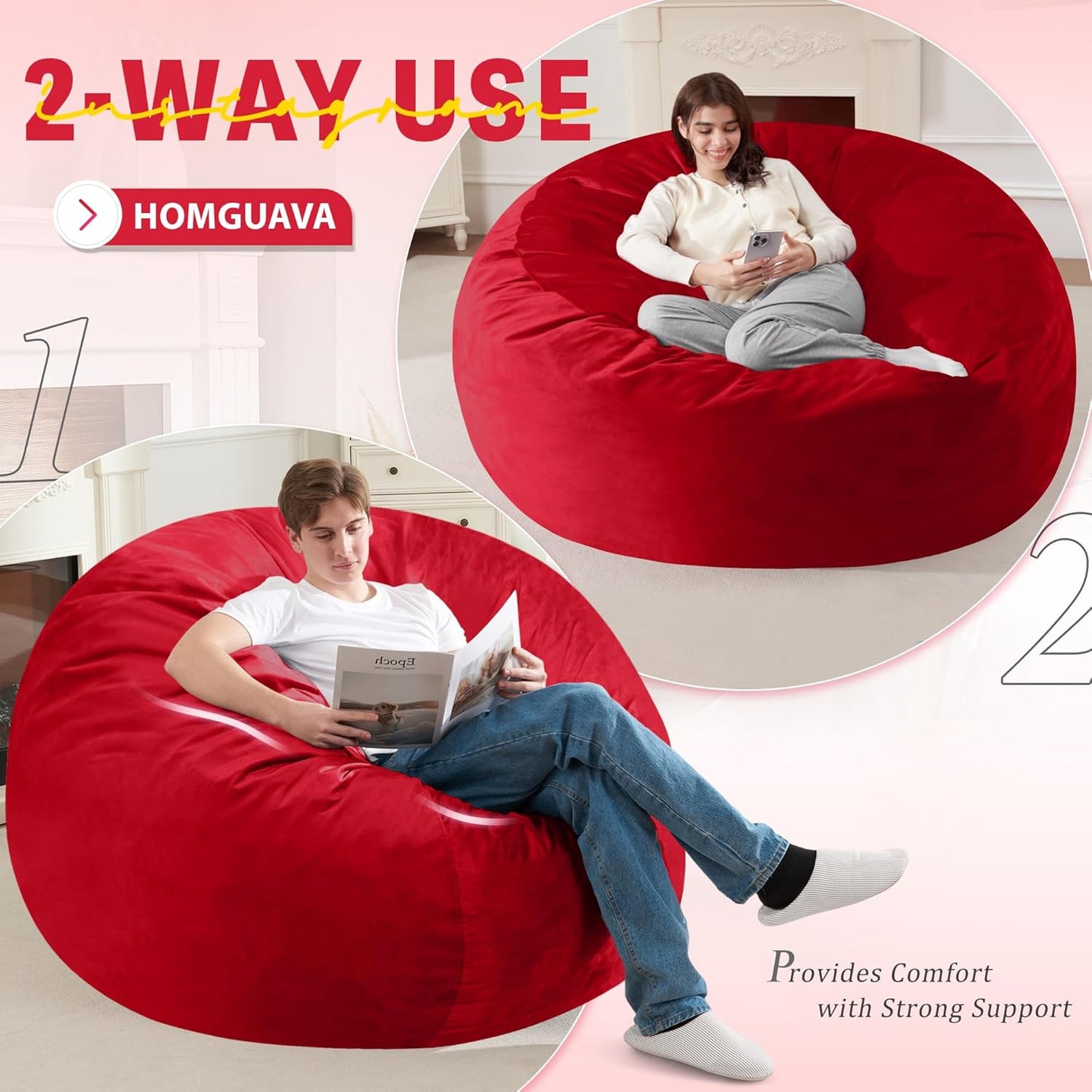 Homguava 6FT Bean Bag Chair Giant BeanBag with Memory Foam Filled, Large Bean Bag Chairs for Adults, Adult Bean Bag Chair with Dutch Velvet Cover for Living Room Bedroom-Red