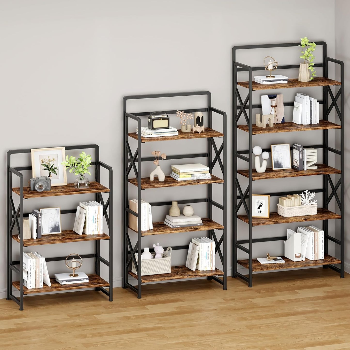 No Assembly Folding Bookshelf, 5 Tiers Vintage Wood Collapsible Book Shelf for Storage,Industrial Metal Foldable Bookcase Organizer for Living Room Bedroom Home Office (Rustic Brown)