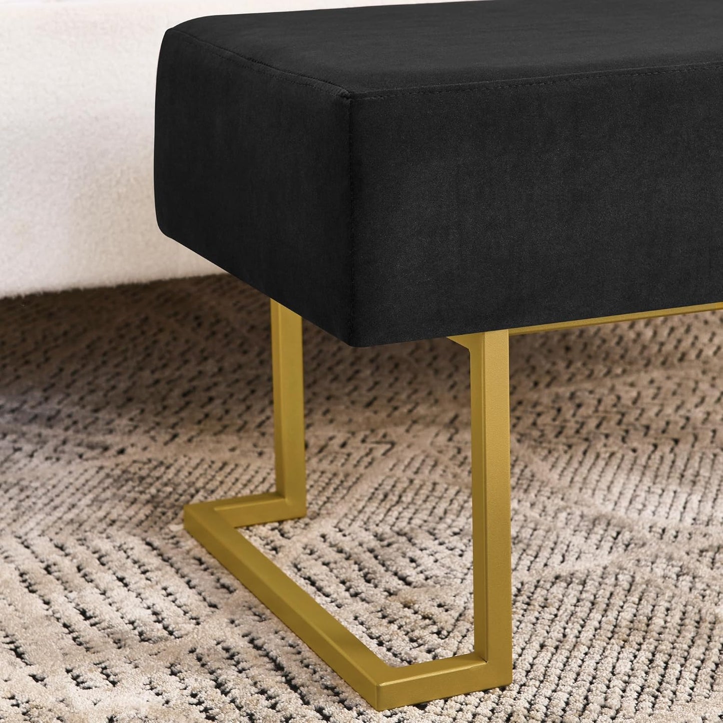Modern Style Bedroom Double Seat Bench, Cushioned Bed end Stool, Living Room Sofa Stool, Footstool with Golden Iron Legs, Suitable for Bedroom and Living Room (Black, 39.37"x15.74"X16.53")