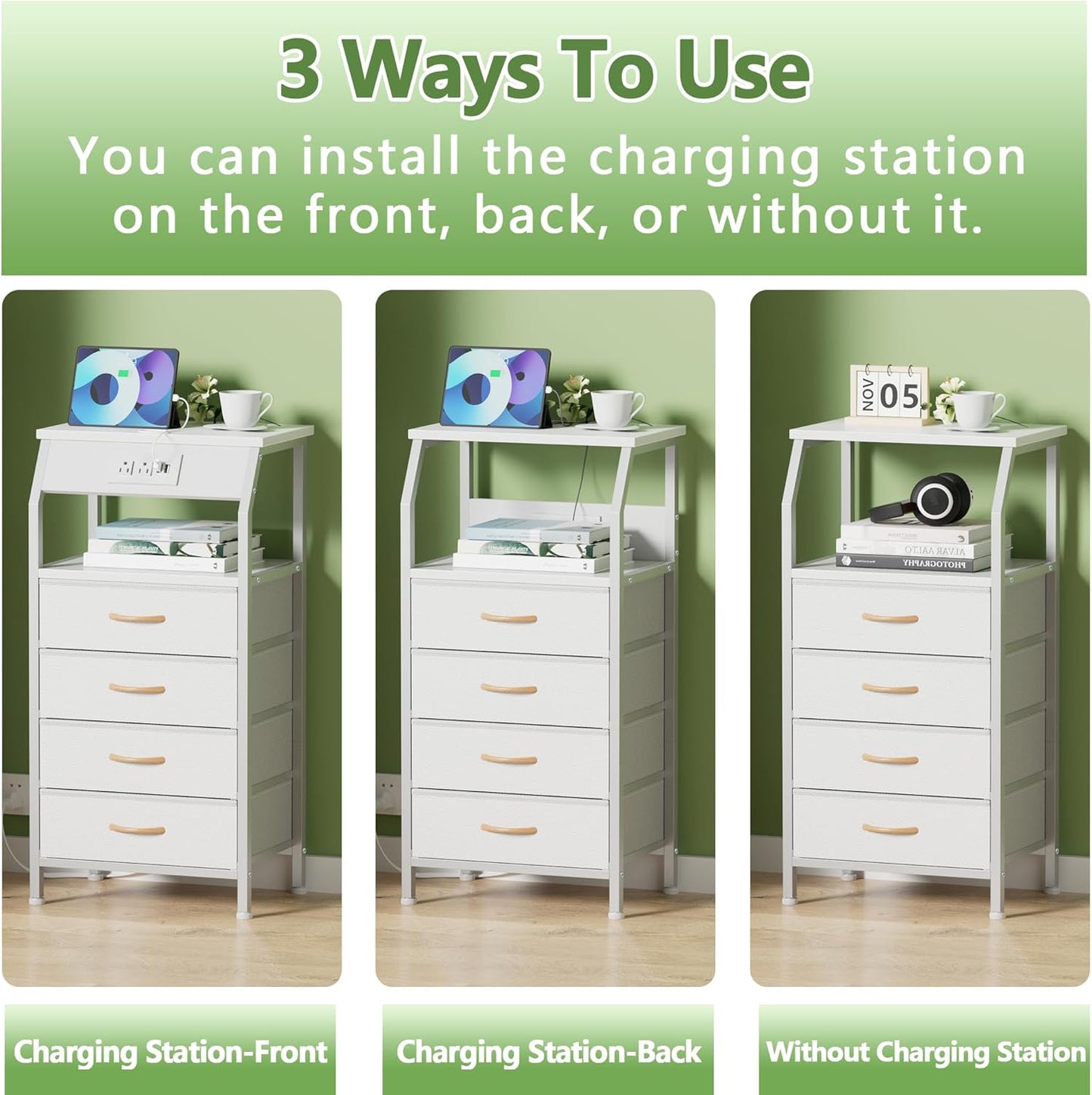 Furnulem Night Stand with Charging Station, Dresser with PVC & Fabric Drawers, 33.3 Inch Side Table with Open Shelf, Tall Bedside Table for Closet, Entryway, Bedroom Furniture, 3 Ways to Use, White