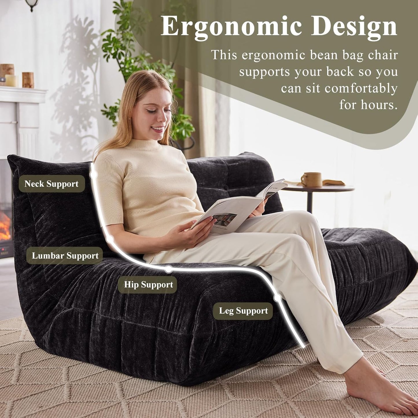 Bean Bag Chair, Loveseat Fireside Chair Large Bean Bag Sofa for Adults, Memory Foam Two Seater Couch Gaming Chairs with Comfy Design, Lazy Floor Sofa for Living Room, Bedroom, Dark Gray