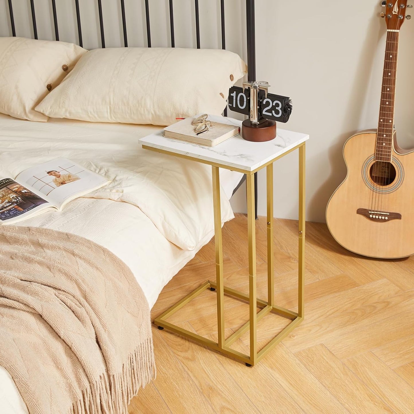 Small Side Tables C Shaped, End Table, Small Table Stand for Living Room Bedroom, Little Bedside Table Faux Marble+Gold YD-TM051G