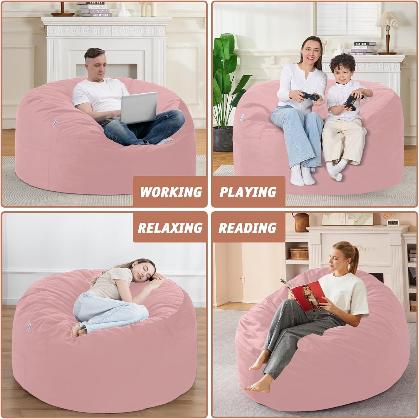 4FT Bean Bag Chair with Ultra Soft Velvet Cover Bean Bag Sofa with Memory Foam Bean Bag Chairs with Large Size Lazy Sofa for Dorm Office Living Room Bedroom Light Pink 4'