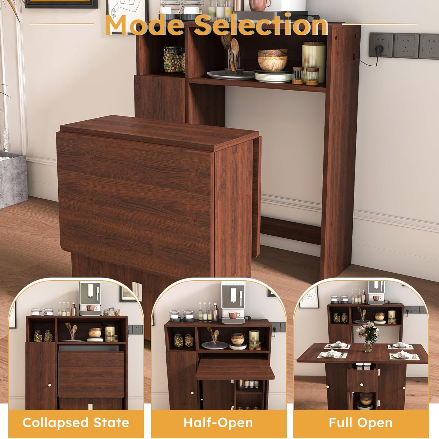 Ball & Cast Multifunctional Folding Dining Table with Wall-Mounted Sideboard & Storage,Wood Kitchen Island w/Four-in-one Socket and Silent Wheels,Space-Saving,Easy to Assemble,for Dining Room,Walnut