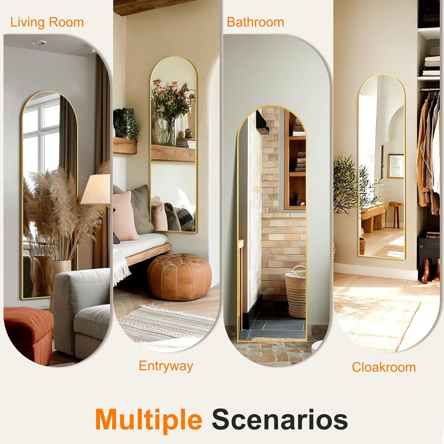 Arched Full Length Mirror, 56"x15" Standing Body Mirror for Wall, with Aluminum Alloy Frame for Bedroom, Living Room, Dressing Room(Gold)