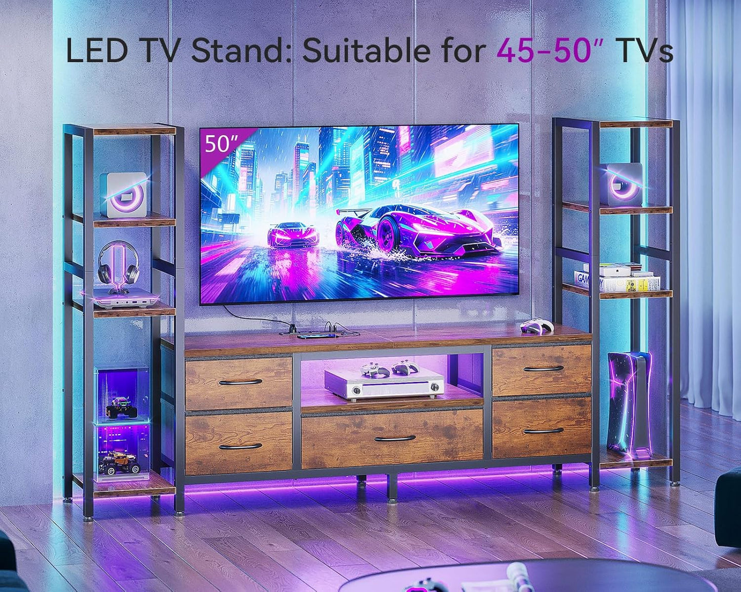 Casaottima 71" TV Stands for 43, 50, 55 Inch TV Entertainment Center with LED Lights and Power Outlets, TV Stand Living Room with 5 Fabric Drawers & Shelf, TV Console Cabinet for Bedroom, Rustic Brown