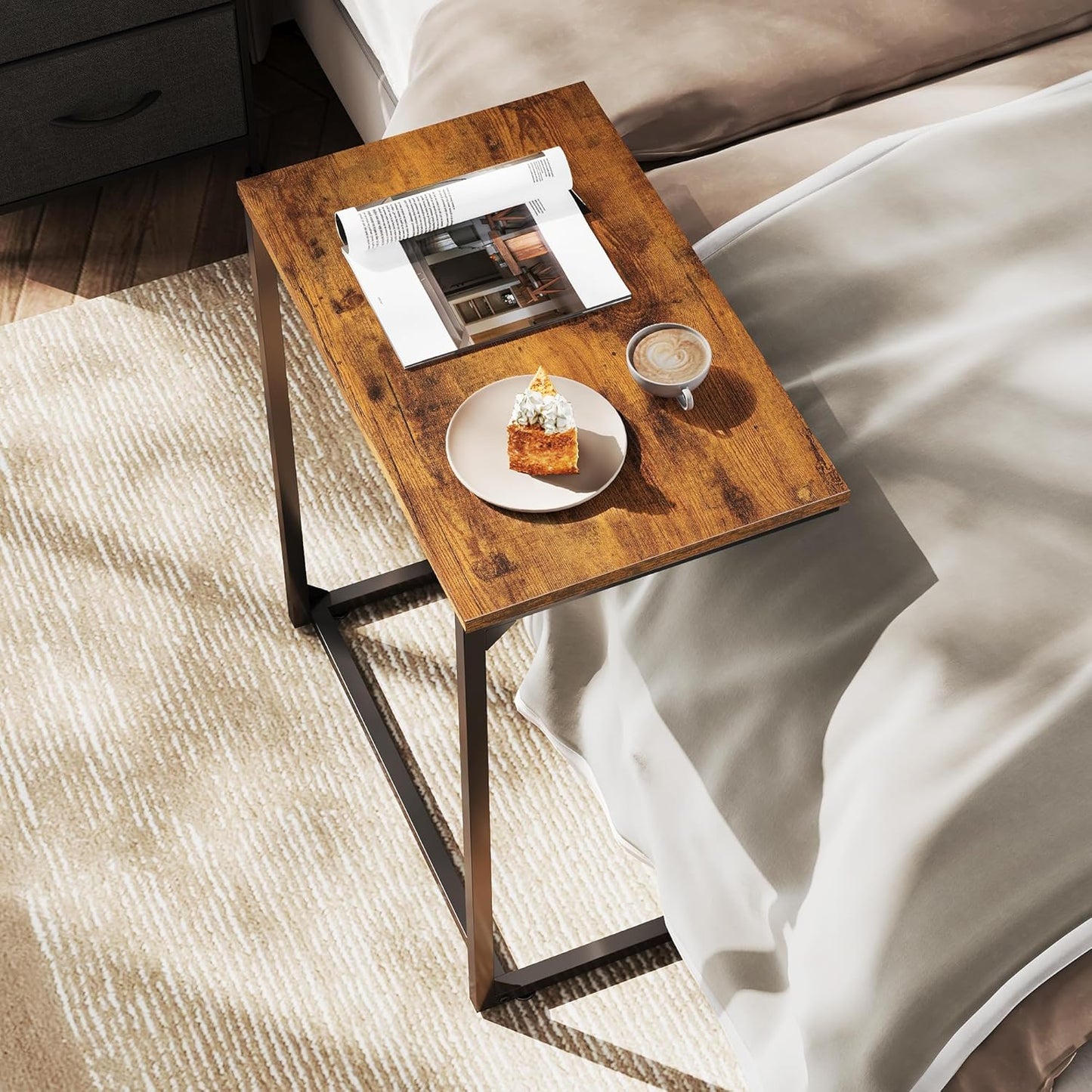 WLIVE C-Shaped End Table, Small Side Tables for Sofa, Wide Couch Table That Slide Under, Laptop Snack Table for Living Room, Bedroom, Home Office, Rustic Brown