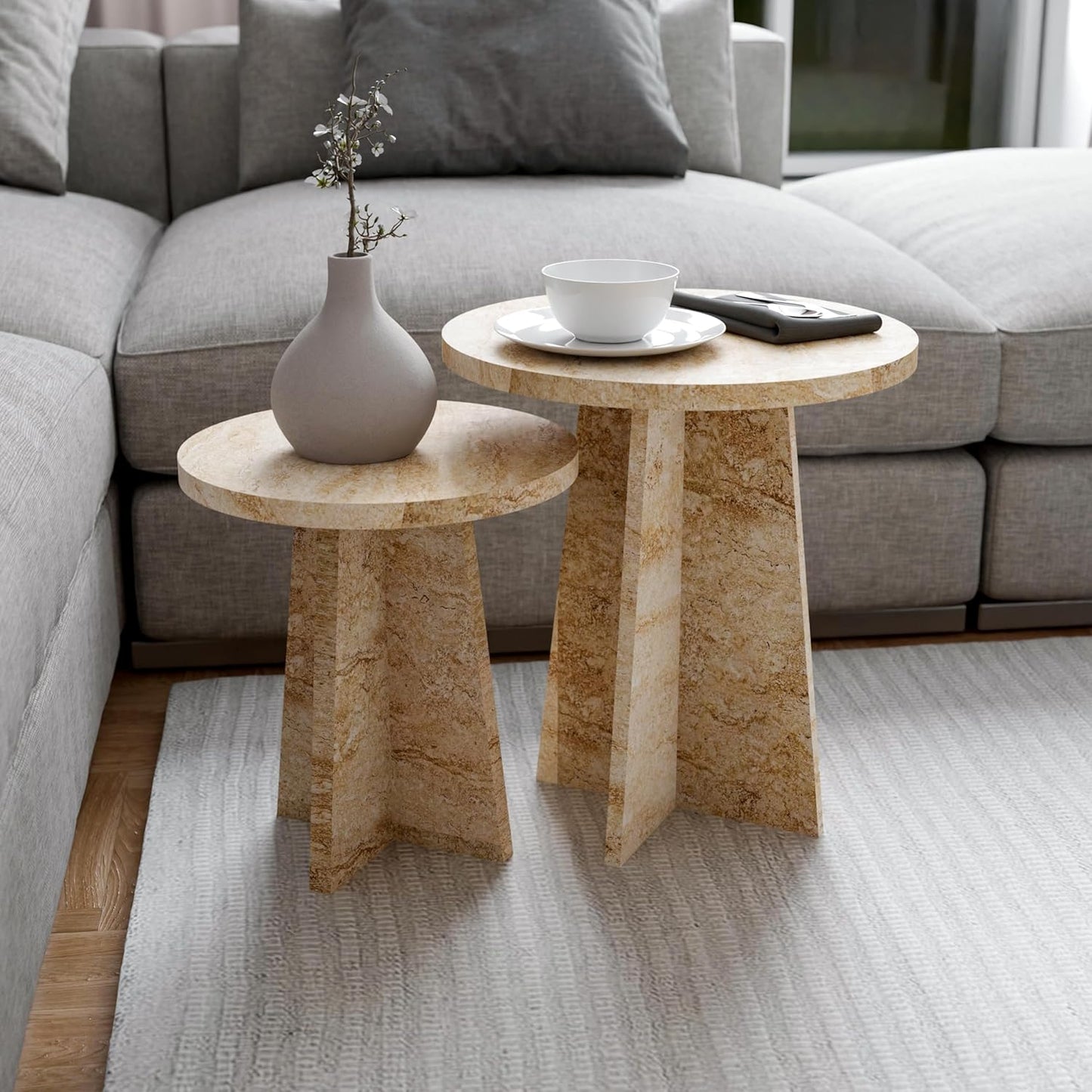 Travertine Efect Round Nesting Coffee Table Set of 2 Modern Coffee Table Small Side Table End Table for Living Room