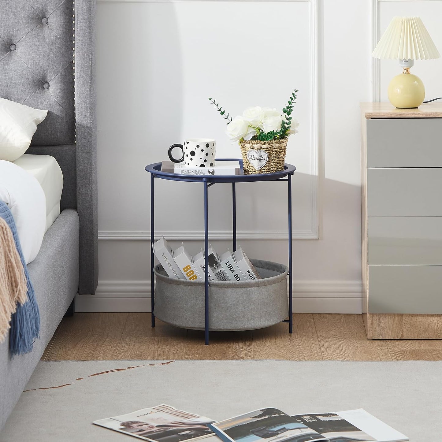 VECELO Round Side/End Table with Fabric Storage Basket,Metal Anti-Rust and Waterproof Small Bedside Nightstand with Removable Tray Top for Living Room,Balcony & Laundry,Blue /1pcs with Basket