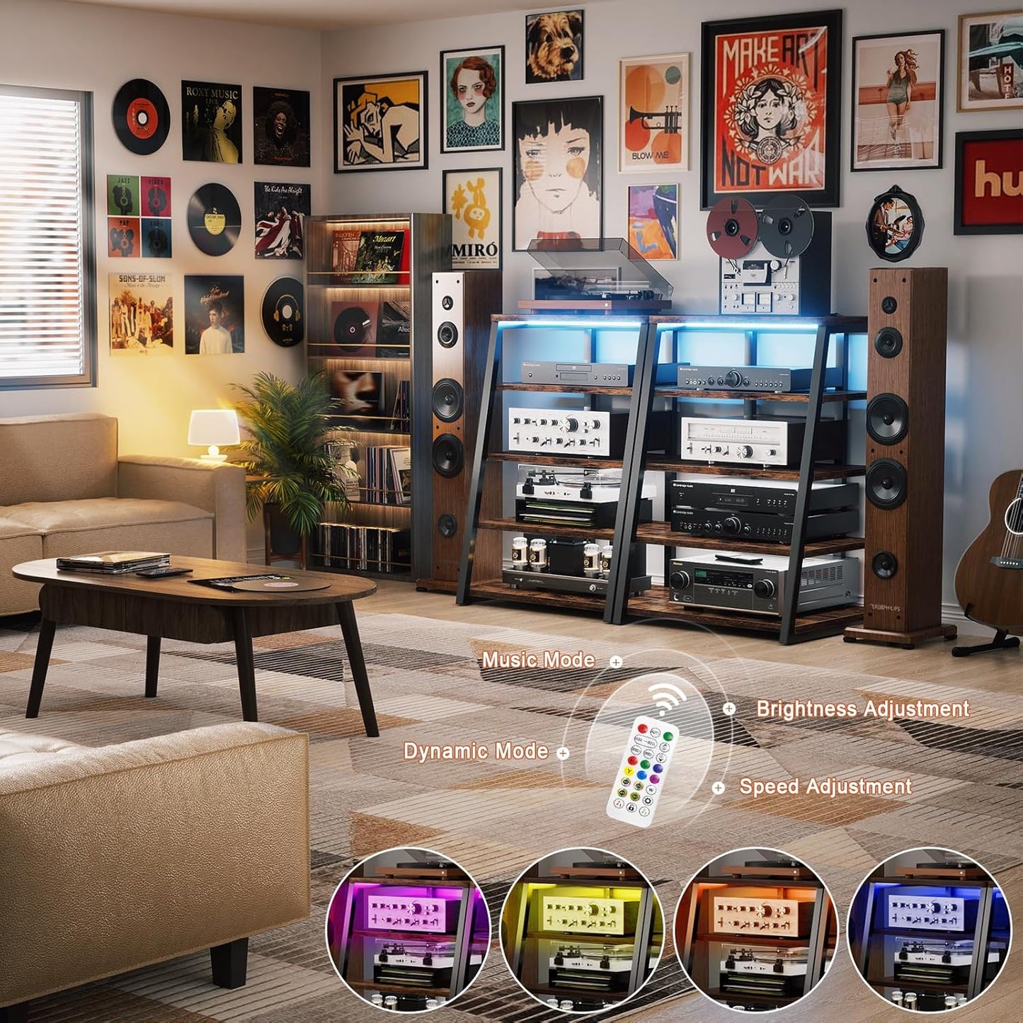 Armocity 5-Tier AV Media Stand with Power Strips, Media Console with LED Lights, Audio Tower Rack with Adjustable Shelves, Stereo Stands and Racks, 40.8'', Rustic Brown