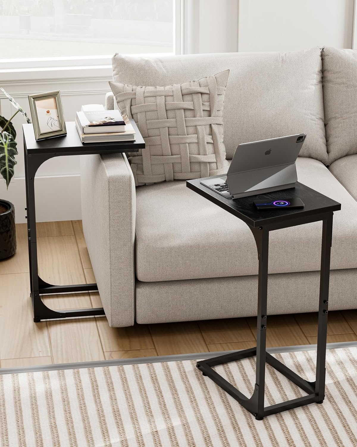 C-Shaped Side Table for Couch - Small Coffee Stand Sofa Tray Desk with Metal Frame and Waterproof Scratch Resistant, Modern End Accent for Living Room, Bedroom, Set of 2, Black