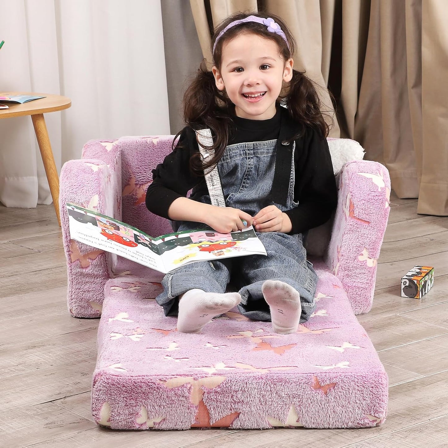 Butterfly Glow in The Dark Toddler Couch, 2-in-1 Toddler Soft Couch Fold Out with Star Pillow, Convertible Sofa to Lounger for Girls and Boys, 1-Seat