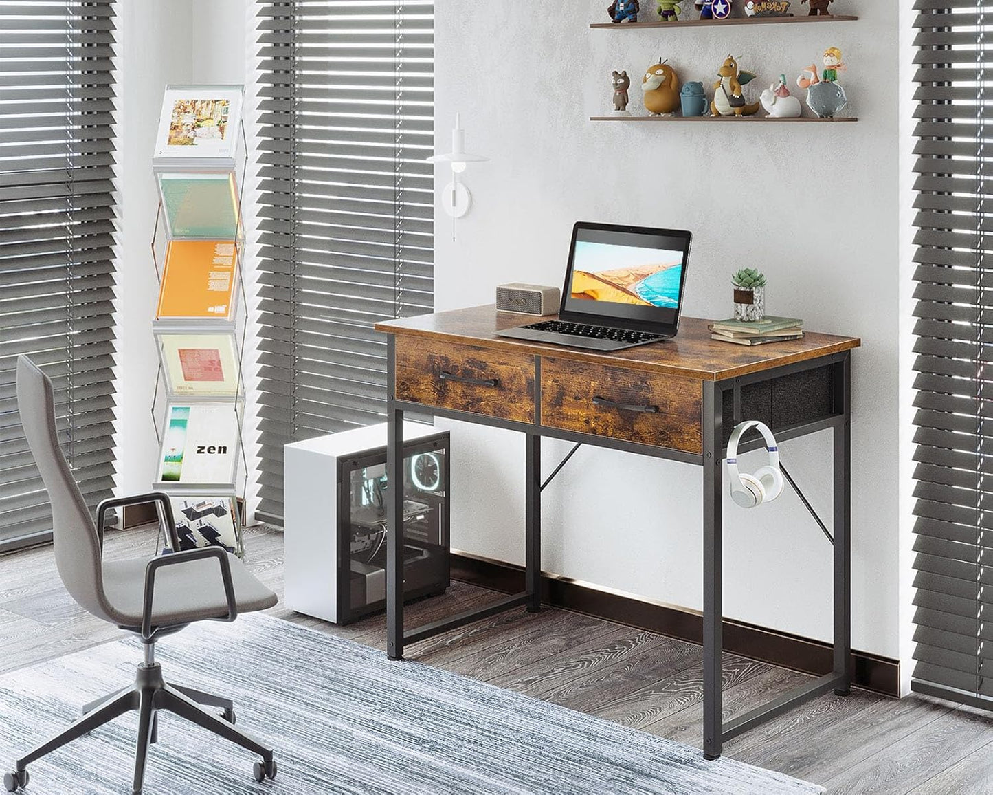 Casaottima 32 Inch Small Office Computer Desk with 2 Drawers & Headphone Hook - Compact Writing Desk for Home Office, Study or Work, Modern Space-Saving Design for Small Spaces, Pure Vintage