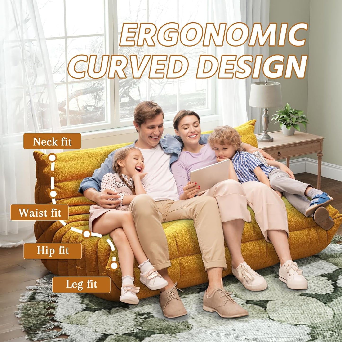 Bean Bag Chairs for Adults, BeanBag Reading Chair Memory Foam Couch 3-Seater, Floor Chair Soft Teddy Material, Comfy Reading Nook Chairs for Bedroom Living Room Office (Yellow)