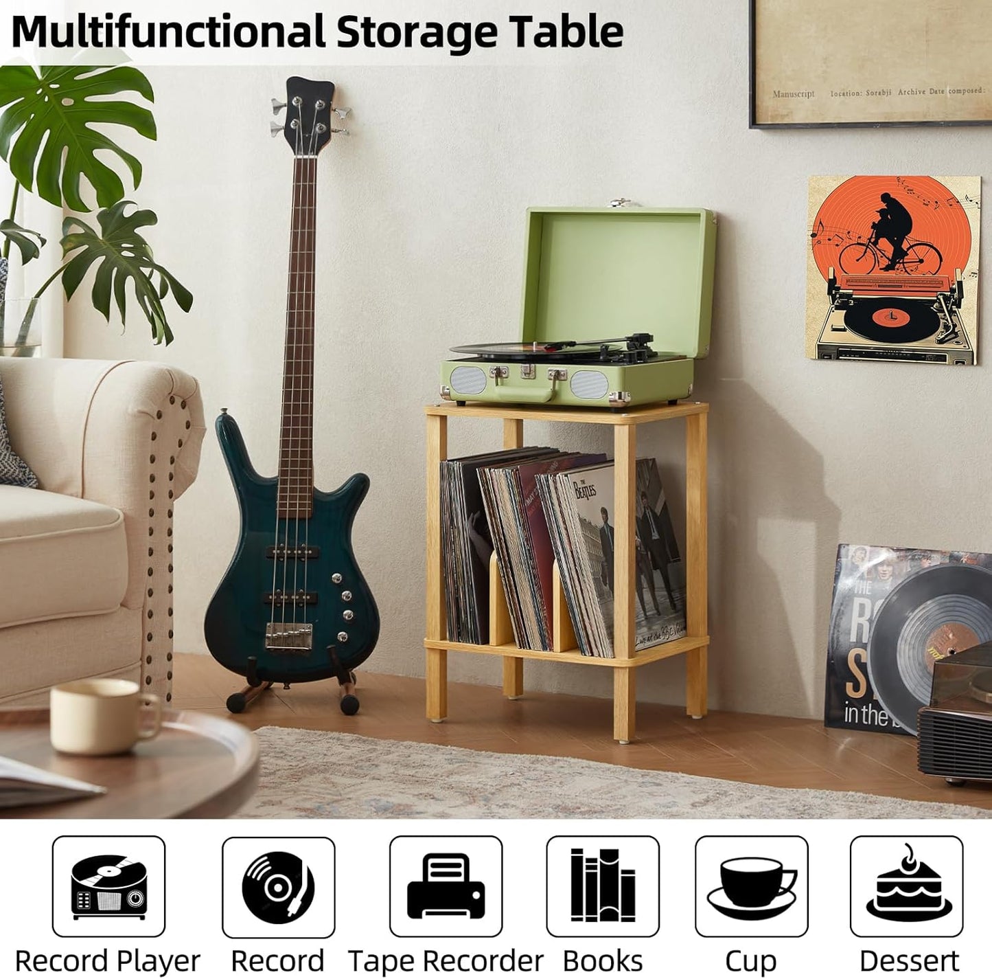 LELELINKY 2-Tier Bamboo Record Player Stand Set of 2 with Vinyl Record Storage up to 100 Albums, Boho Bedroom Record Holder and Multi-Functional End Table for Living Room, Natural