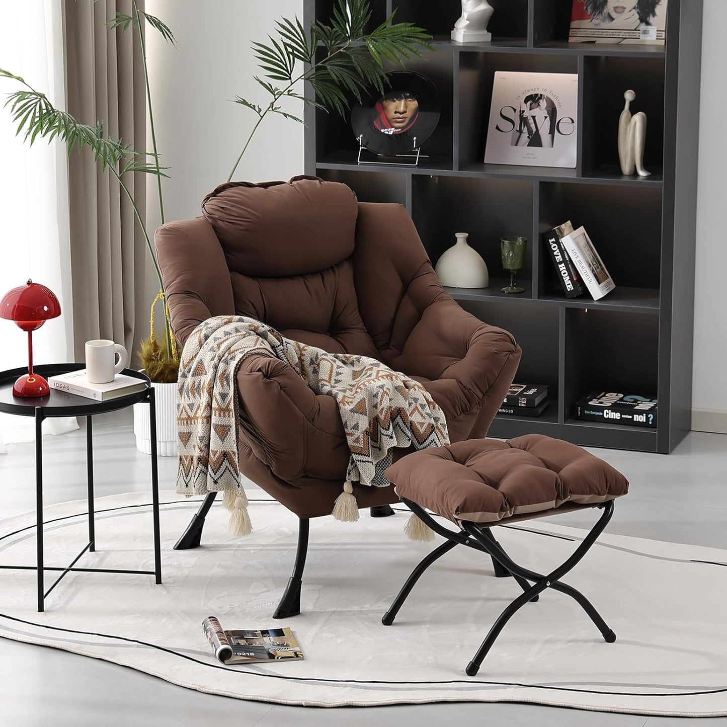 Lazy Chair with Folding Ottoman, Modern Accent Lounge Armchair with Armrests and a Side Pocket & Foldable Footstool, Leisure Reading Chair for Living Room, Bedroom, Dorm & Office, Dark Brown