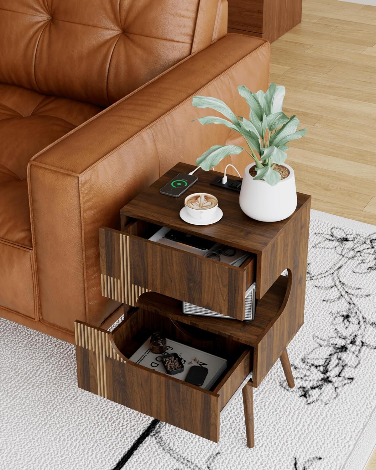Nightstand with Charging Station and LED Lights,Modern Bedside Table with 2 Storage Drawer,Night Stand with Solid Wood Legs,White (Walnut Brown)