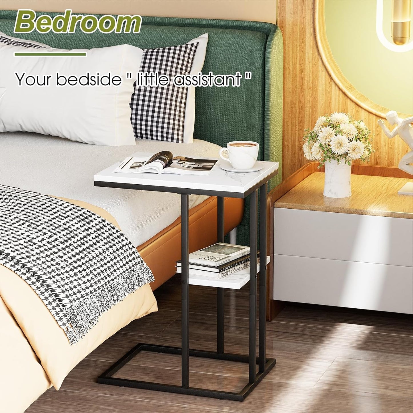 Easy Paws C Shaped End Table,Small Side Table for Couch and Bed, Gold Snack Couch Table for Small Spaces, Living Room, Bedroom,Bedside (White Marble)