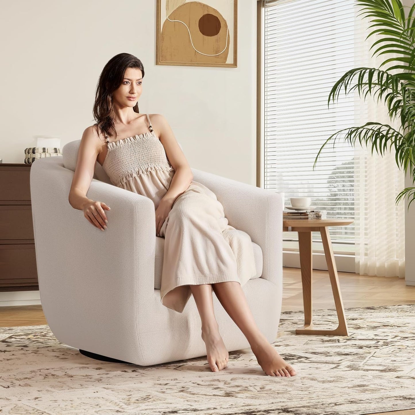 COLAMY 360° Swivel Accent Chair with Pillow - Comfy Living Room Armchair No-Sag Foam & Sturdy Metal Base, Fully Assembled Swivel Accent Single Sofa for Bedroom Living Room, Office, Beige