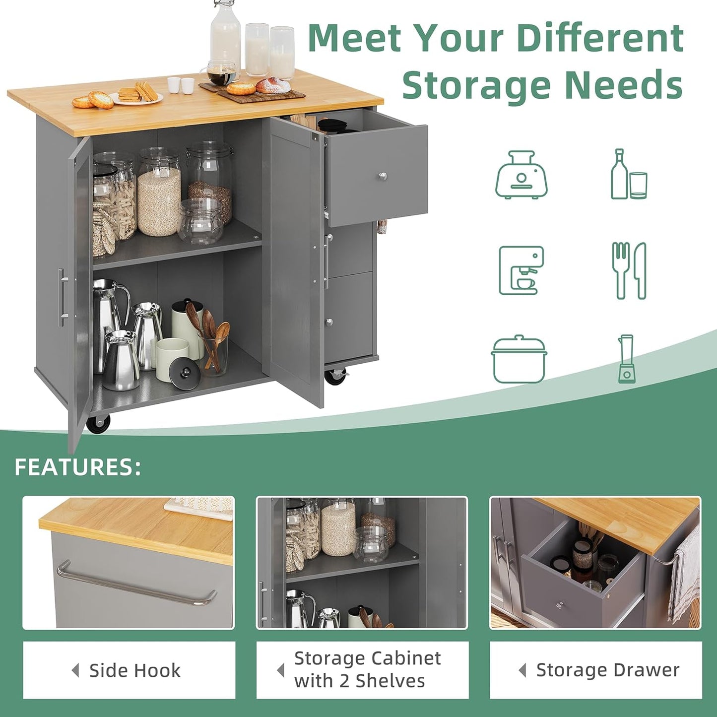 Shintenchi Rolling Kitchen Island Cart with Folding Drop Leaf Breakfast Bar, Portable Trolley Island with Large Storage Cabinet, Shelf and Drawer, Gray