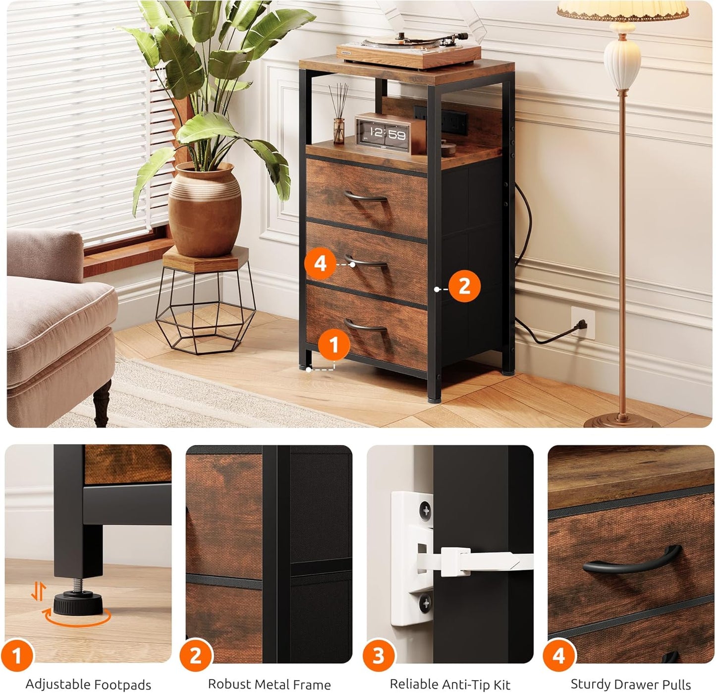 NightStand Bedside Charging Table Bedroom - Night Stand with Charger Station, Modern Nightstand with Open Shelf & 3 Fabric Drawers, Bed Side Table USB-C USB Ports & AC Outlets for Dorm Living Room