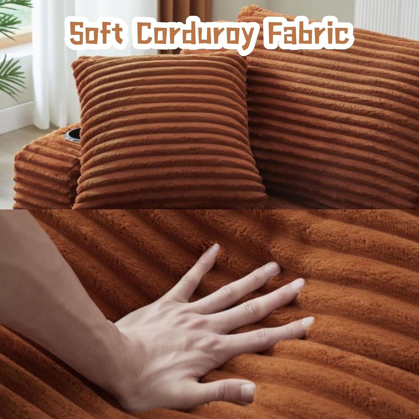 Oversized Sectional Double Chaise Lounge, Compressed Boneless Lounge Chaise with Cupholders, Boneless Sofa with Deep Seat, Fluffy Modern Sleeper Loveseat for Indoor Living Room, Orange